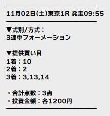 テッパン 2024年11月2日 東京1レース 有料予想の買い目