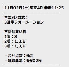 テッパン 2024年11月2日 東京4レース 有料予想の買い目