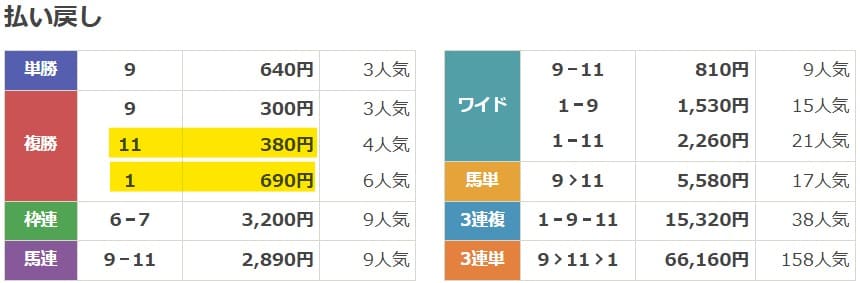 2024年11月24日東京9Rの結果