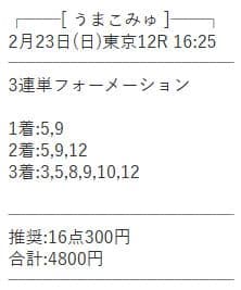 うまこみゅの有料予想買い目 2月23日東京12R