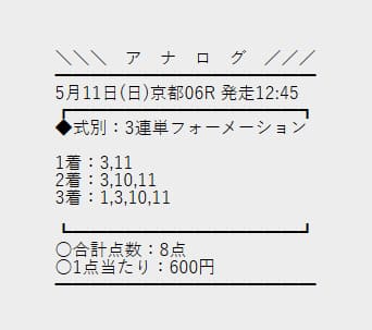 アナログ 無料予想 2025年05月11日京都6R