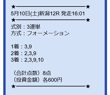 ツカメル 有料予想買い目 2025年5月10日新潟12R