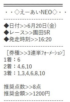 えーあいNEO 無料予想 2025年06月20日園田5R