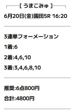 うまこみゅ 無料予想 2025年06月20日園田5R
