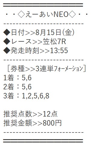えーあいNEO 無料予想 2025年08月15日笠松7R