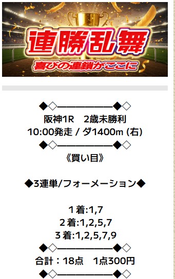 ニジュウマルの有料予想「連勝乱舞！」の買い目