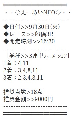 えーあいNEO 無料予想 2025年09月30日船橋3R