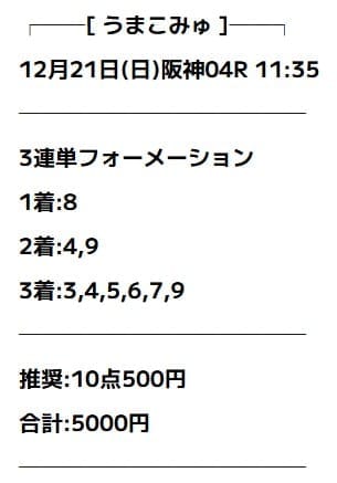 うまこみゅ 無料予想 2025年12月21日阪神4R