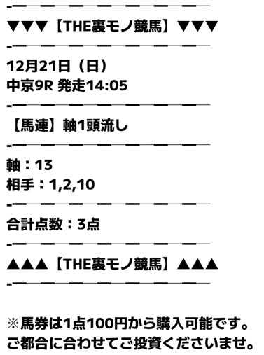 裏モノ競馬 無料予想 2025年12月21日 中京9R