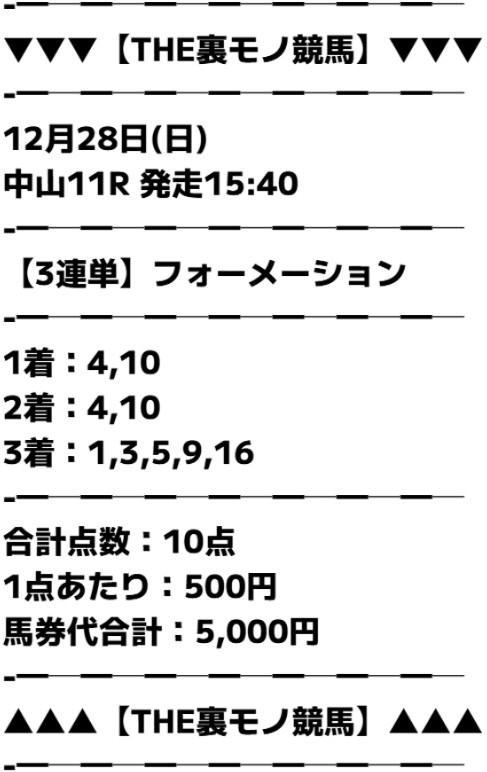 裏モノ競馬 有料予想 2025年12月28日 中山11R