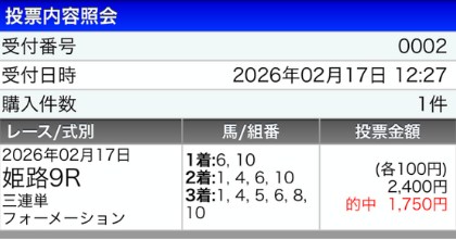 2026年02月17日姫路9Rに参加した3連単の結果SPAT4の画面