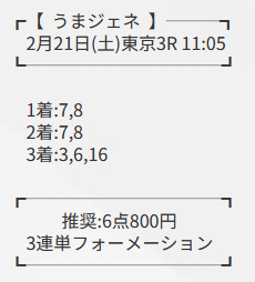 ユーザー提供 うまジェネ 有料予想 2026年02月21日東京3Rの買い目