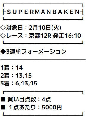 スーパーマンバケン 無料予想 2026年02月10日京都12R