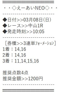 えーあいNEO 無料予想 2026年03月08日中山1R
