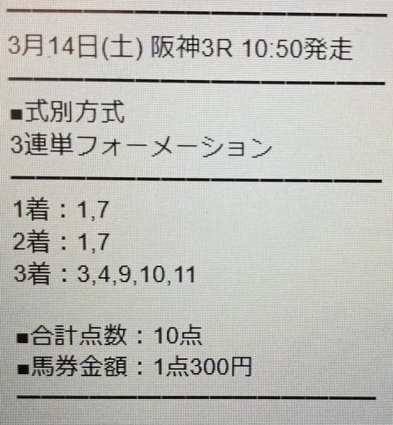 勝馬サプライズウルトラ 有料予想 2026年3月14日阪神3R（スマホ撮影）