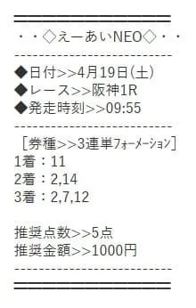 えーあいNEO 有料予想買い目 2025年4月19日阪神1R