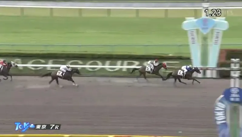 2026年6月20日の東京7Rのレース決着時の画面。直線で抜け出す馬番2番アンジェラスや激しく追い上げる5番ニシノスフィンクスなどの競走馬たちの様子