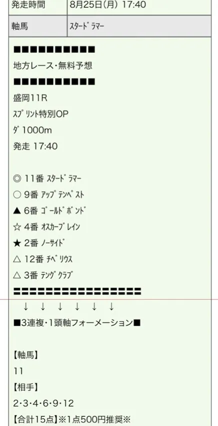 AI競馬グラマ 無料予想 2025年8月25日 盛岡11R