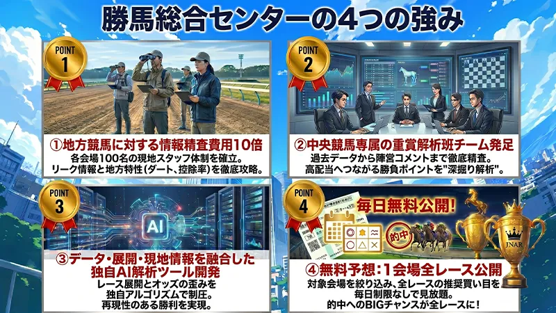 勝馬総合センターの4つの強みを解説したグリッド画像（①地方競馬に対する情報精査費用10倍、②中央競馬専属の重賞解析班チーム発足、③独自AI解析ツール開発、④無料予想を毎日制限なしで公開）を解説した画像