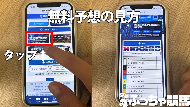 勝馬総合センターの無料予想の見方を解説した画像。TOPページの「勝馬DATABANK」から当日の無料解析データへアクセスする手順