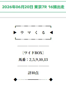 2026年6月20日東京7Rにおけるウマくる。の無料予想買い目（ワイドBOX、馬番：2,5,9,10,13、計10点）の画像