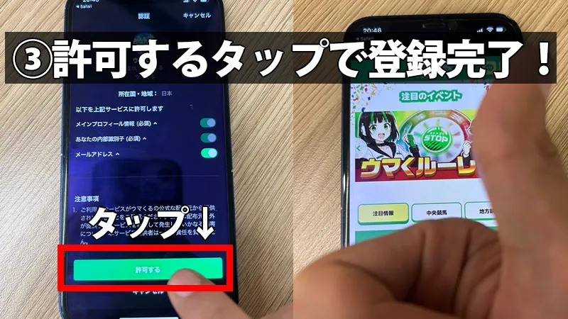 LINE認証画面の最下部にある「許可する」ボタンをタップし、ウマくる。の会員マイページを開くまでの手順を解説したスマホ画面