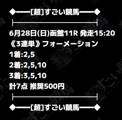 超すごい競馬 無料予想 2026年06月28日 函館11R