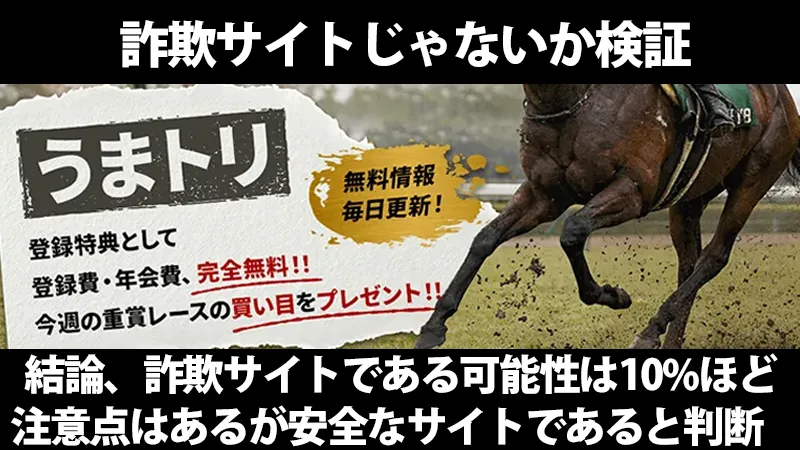 うまトリの詐欺検証画像。「結論、詐欺である可能性は10%ほど 注意点はあるが安全なサイトであると判断」というテキスト