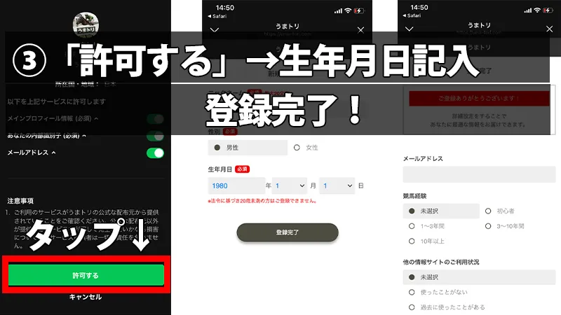 LINE認証画面の最下部にある「許可する」の緑色ボタンをタップし、生年月日入力後、登録完了までの手順を解説したスマホ画面