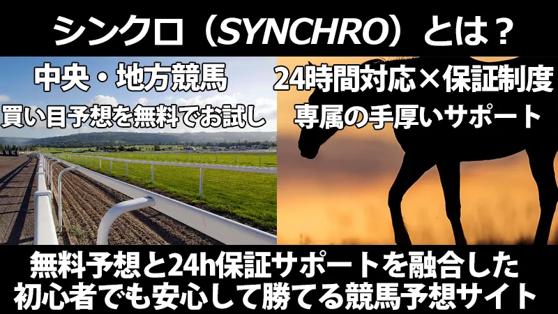 競馬予想サイト「シンクロ（SYNCHRO）」の概要解説画像（左：中央・地方競馬の買い目予想を無料でお試し、右：24時間対応と保証制度による専属の手厚いサポート、無料予想と24h保証サポートを融合した初心者でも安心して勝てる競馬予想サイトの概要）