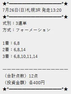 Re:KEIBA 無料予想 2026年07月26日 札幌3R