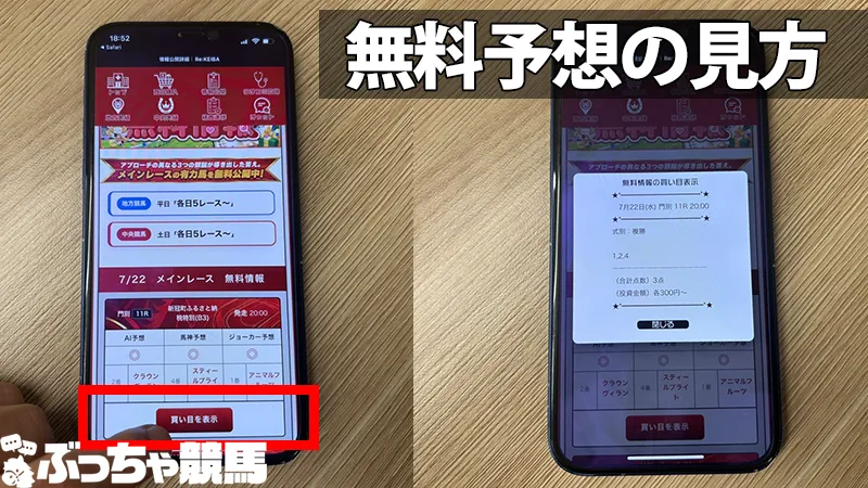 Re:keibaの無料情報画面。対象レースの出馬表とプロ・AI厳選の推奨買い目が表示された画面