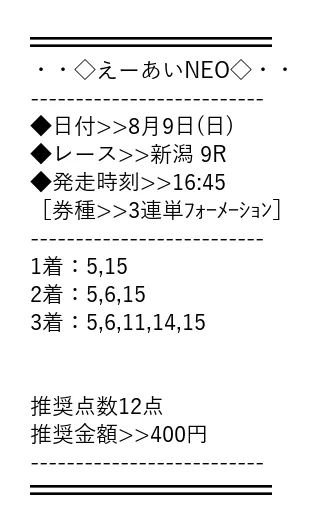 えーあいNEO 無料予想 2026年08月09日 新潟9R