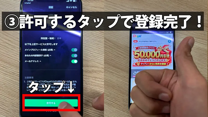 LINE認証画面の最下部にある「許可する」の緑色ボタンをタップし、DAYS(デイズ)の会員マイページを開くまでの登録完了手順を解説したスマホ画面